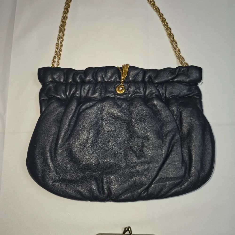 Vintage 1960s Morris Markowitz Navy Leather Evening‎ Bag Gold Chain + Coin Purse